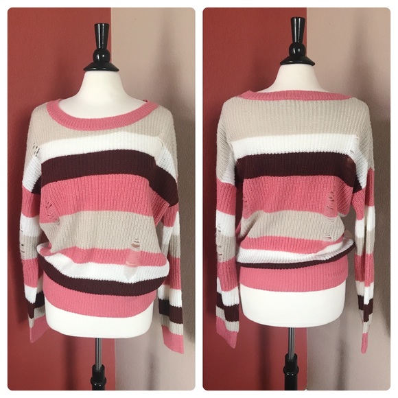 Zenana Outfitters Destroyed Striped Sweater - Picture 1 of 7